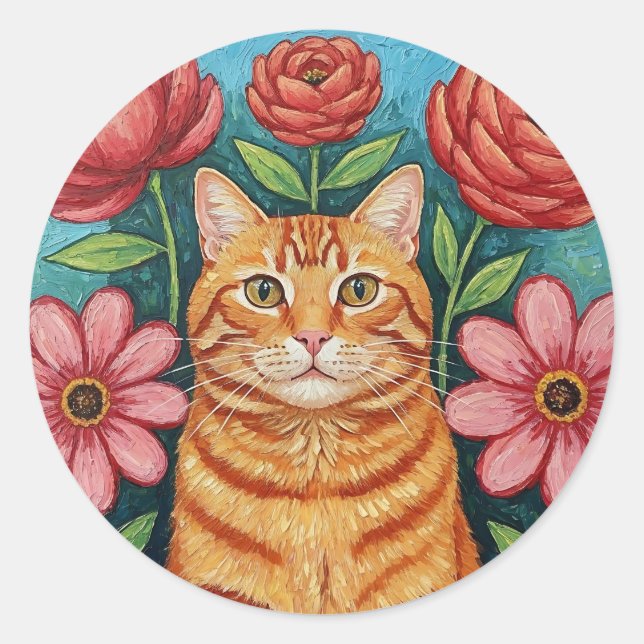 Adesivo Flores de Arte Popular de Gato Laranja (Frente)