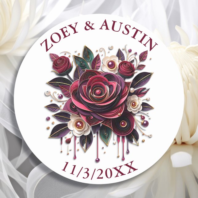 Adesivo Flores de Borgonha, Folhagem e Pérolas Personaliza (Criador carregado)