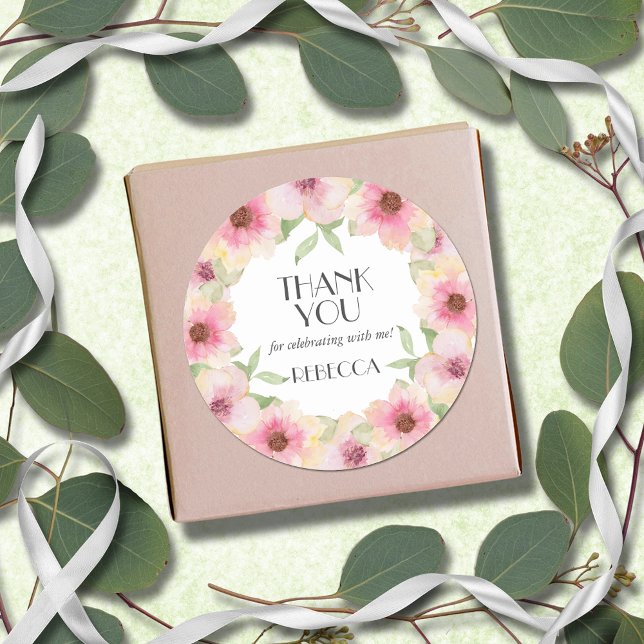 Adesivo Flores de Lâmpadas Cor-de-Água Rosa (3" round stickers with yellow and pink blush flowers, thank you and your name)