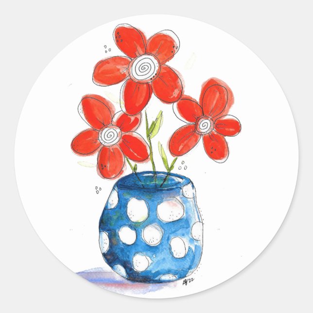 Adesivo Flores de Laranja Whimsical em Vaso Azul (Frente)