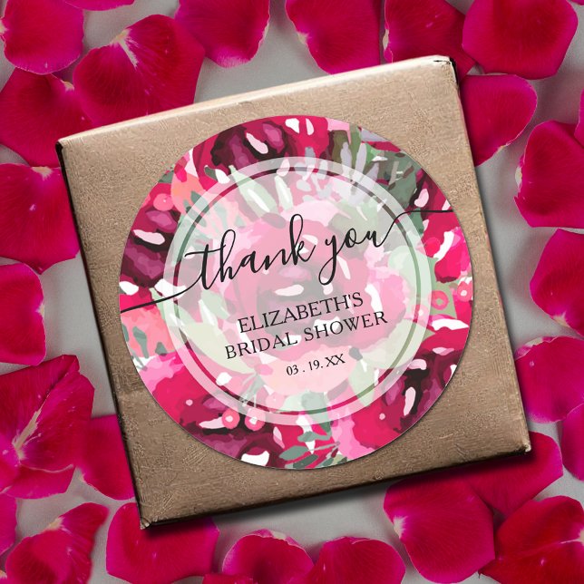 Adesivo Flores De Pink De Aquarela Obrigado (Watercolor hot pink flowers thank you bridal shower round stickers)