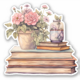 Adesivo Flores e Livros Vinheta Aquarela Pastel