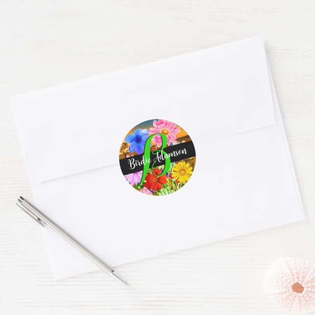 Adesivo Flores Elegantes: Nome com Letra Monograma Chic e  (Envelope)