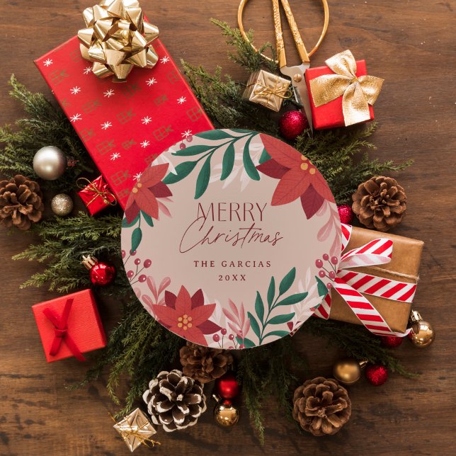 Adesivo Flores Festivas de Poinsettia no Natal (Round Christmas gift sticker with poinsettias and botanicals)