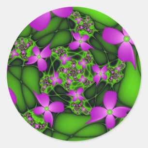 Adesivo Flores Fractais Abstratas Modernas Rosa Verde Neon