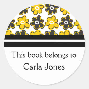 Adesivo Flores retros pretas do costume Bookplates Yellow