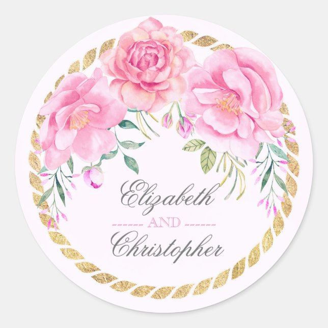 Adesivo Flores Rosa, Aquarelas Elegantes, Casamento Dourad (Frente)