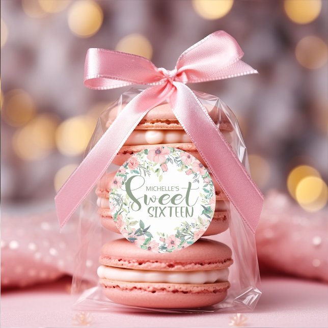 Adesivo Flores Rosa Bege Folhas Verde Sage Doce 16 (Blush pink watercolor floral Sweet 16 party favor sticker )