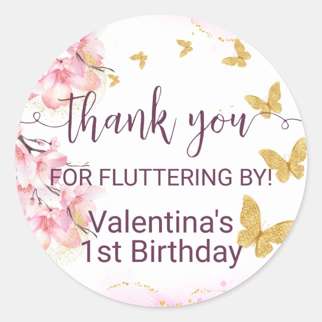 Adesivo Flores Rosa Douradas Borboletas Script Obrigado (Frente)