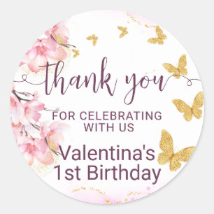 Adesivo Flores Rosa Douradas Borboletas Script Obrigado