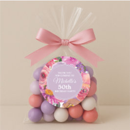 Adesivo Flores roxas rosa 50ª Festa de aniversário Obrigad