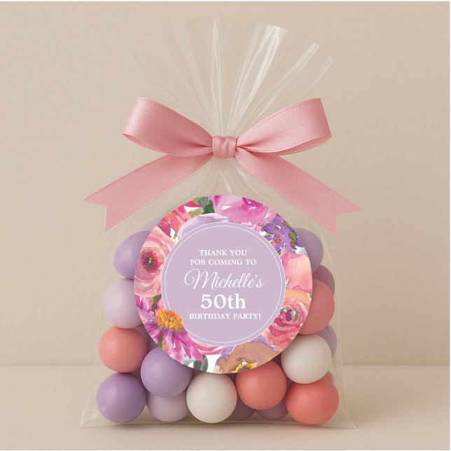 Adesivo Flores roxas rosa 50ª Festa de aniversário Obrigad (Pink and purple watercolor floral 50th birthday party thank you sticker)