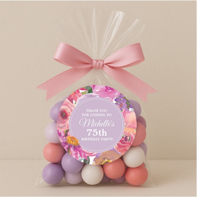 Adesivo Flores roxas rosa 75ª Festa de aniversário Obrigad (75th birthday thank you sticker)