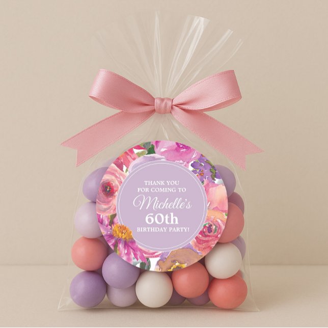 Adesivo Flores roxas roxas rosa 60ª Festa de aniversário (Pink and purple watercolor floral 60th birthday party thank you sticker)