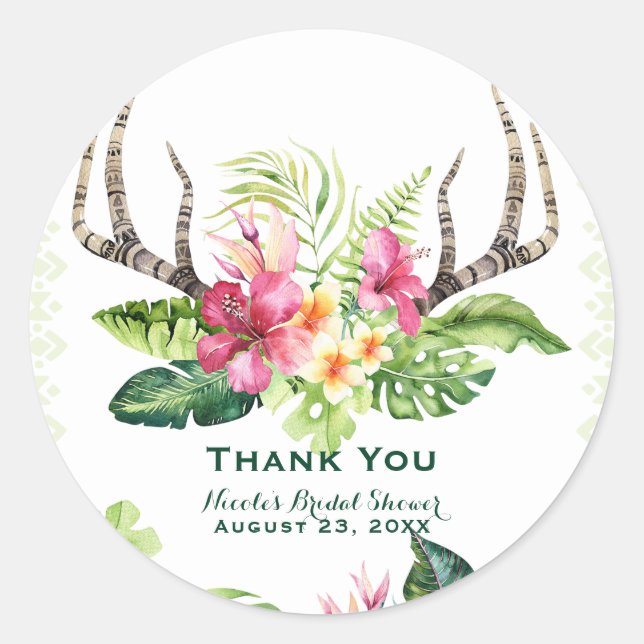 Adesivo Flores Tropicais Boho Antlers Rústicos Chá de Bebê (Frente)