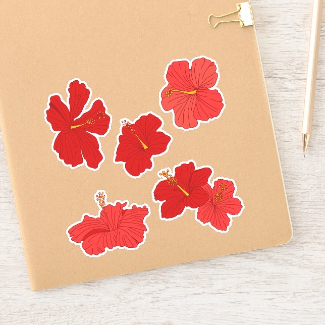 Adesivo Flores tropicais de hibisco em vermelho e pêssego (Notebook)