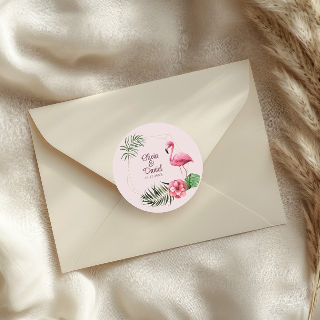 Adesivo Flores Tropicais e Casamento de Flamingo (Black and Red Mexican Floral Fiesta Wedding Classic Round Sticker on an elegant wedding envelope.)