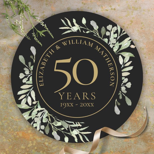Adesivo Floresta Dourada Negra Greenery 50º aniversário (Black Gold Watercolour Greenery 50th Anniversary Classic Round Sticker)