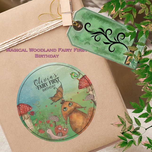 Adesivo Floresta Encantada Fox & Snail Fairy Primeiro Aniv (Enchanted Forest Fox & Snail Fairy First Birthday Classic Round Sticker)