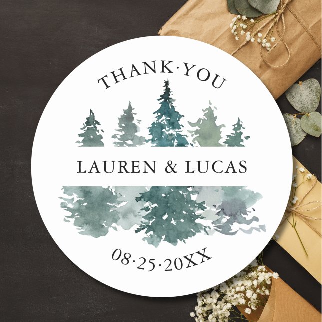 Adesivo Floresta Rustic Tres Woodland Obrigado Casamento (Rustic Trees Forest Woodland Mountain Thank You Wedding Classic Round Sticker)