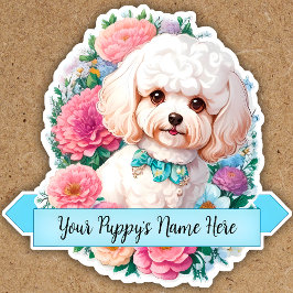 Adesivo Fluffy Bichon Frisé, flores cortadas, personalizad
