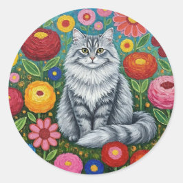 Adesivo Fluffy Gray Striped Cat with Folk Art Flowers