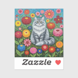Adesivo Fluffy Gray Striped Cat with Folk Art Flowers