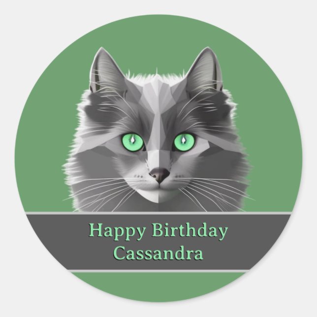 Adesivo Fluffy Grey Cat and Birthday or Occasion Message (Frente)