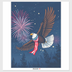 Adesivo Flying Bald Eagle with USA Flag Scarf & Fireworks