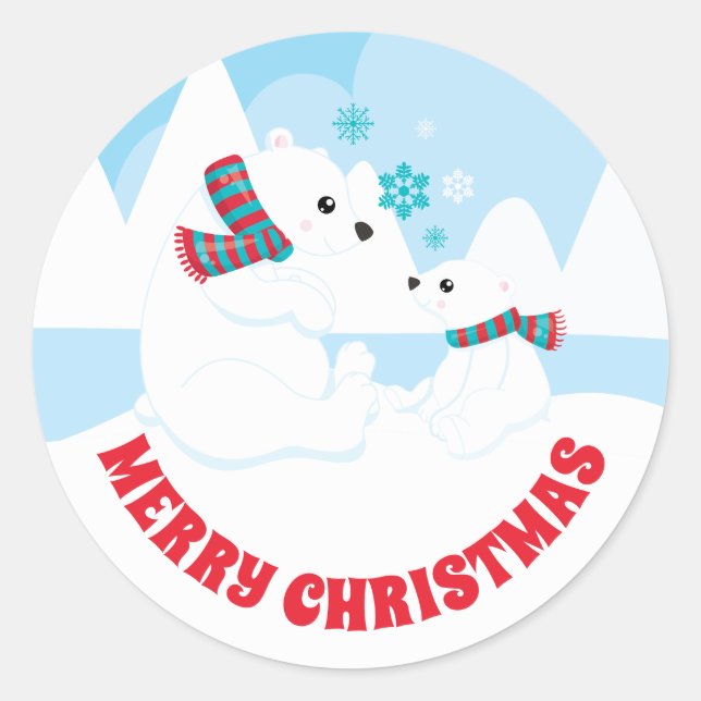 Adesivo Fofa Mãe de Urso Polar e Bebê Feliz Natal (Frente)