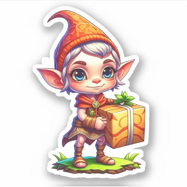 Adesivo Fofa pequena elfa segurando um presente de Natal (Frente)