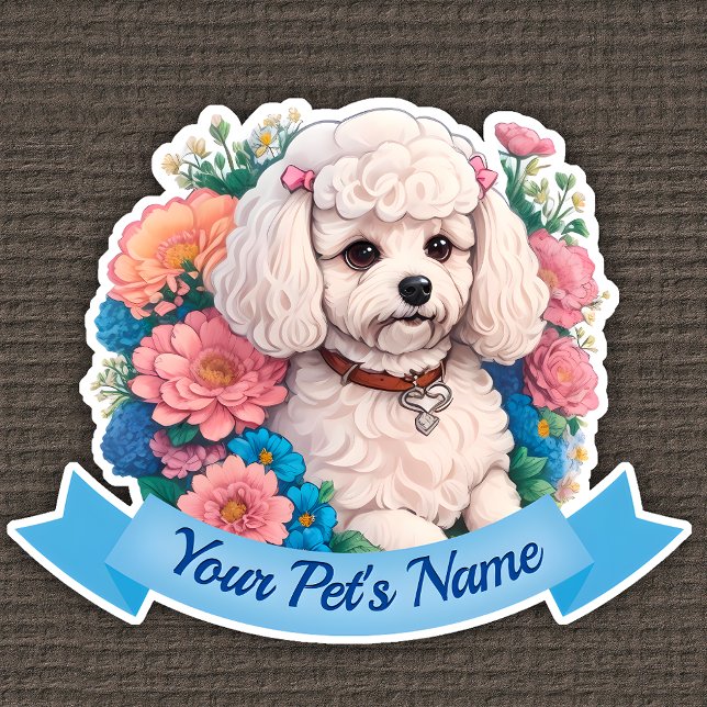 Adesivo Fofinho Bichon Frisé, flores rosa e azuis à volta (Criador carregado)