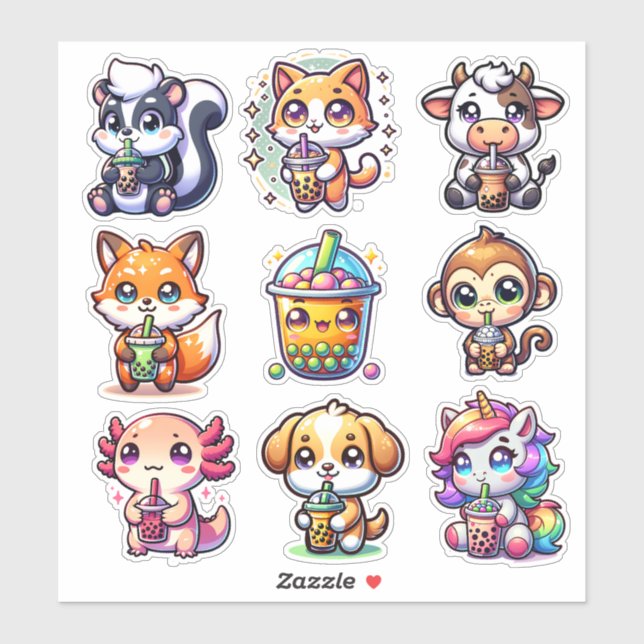 Adesivo Fofinho Kawaii Bobo Bubble Tea e Animais (Folha)
