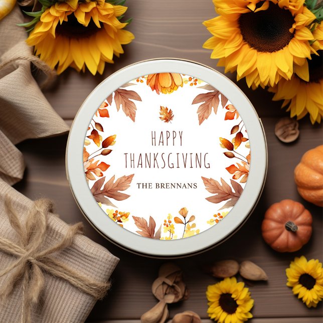Adesivo Folgas Modernas de Ação de Graças Folhas de outono (Fall Modern Thanksgiving Classic Round Sticker)