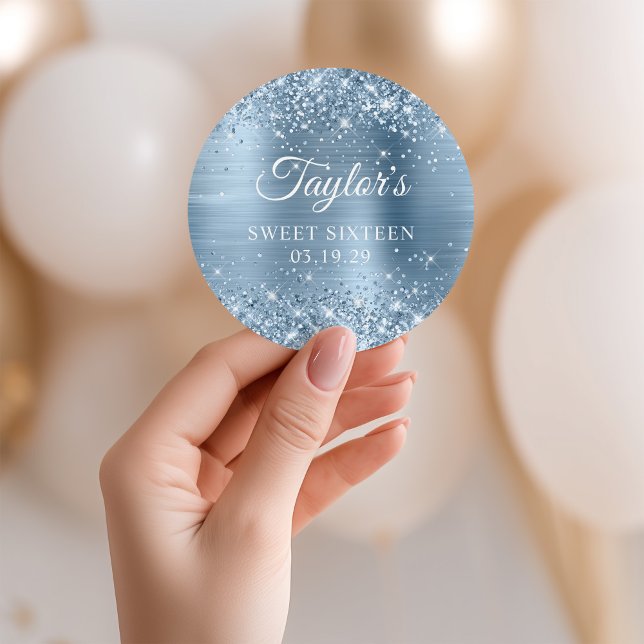 Adesivo Folha Azul Claro Brilhante 16 Doce (Glittery Light Blue Foil Sweet Sixteen Classic Round Sticker)