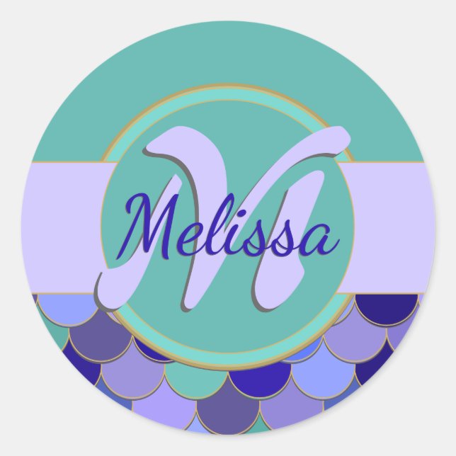 Adesivo Folha de Sereia de Monograma de Teal e Roxo (Frente)