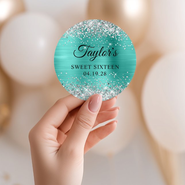 Adesivo Folha de Turquesa de Silver Glitter 16 (Silver Glitter Turquoise Foil Sweet Sixteen Classic Round Sticker)