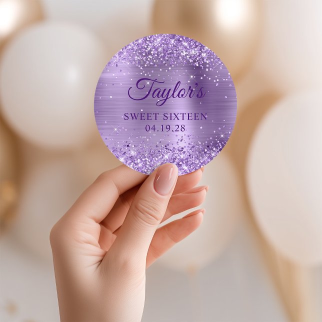 Adesivo Folha Roxa Leve Doce Dezesseis (Glittery Light Purple Foil Sweet Sixteen Classic Round Sticker)