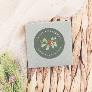 Adesivo Folhagem de inverno Verde Feliz Natal e Nome da Fa