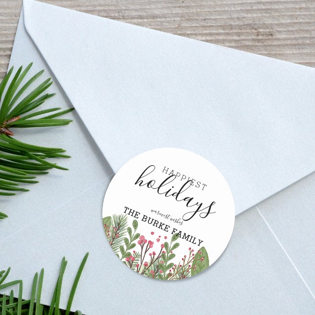 Adesivo Folhagem Verde Invernal Caprichosa (Holiday Foliage Holiday Classic Round Sticker)