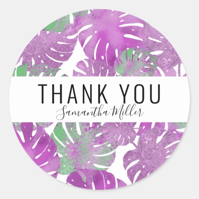 Adesivo Folhas de monstera tropical verde-roxa moderna (Frente)