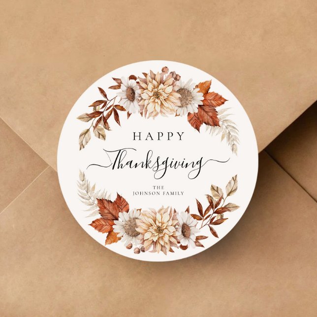 Adesivo Folhas de Outono Rústicas Feliz Dia de Ação de Gra (Rustic Fall Leaves Happy Thanksgiving Classic Round Sticker)