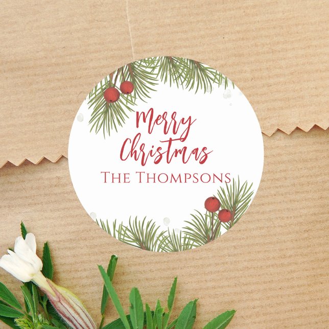 Adesivo Folhas de Pinheiro Simples Red Holly Berries (Elegant watercolor Merry Christmas holiday holly berries Sticker. )