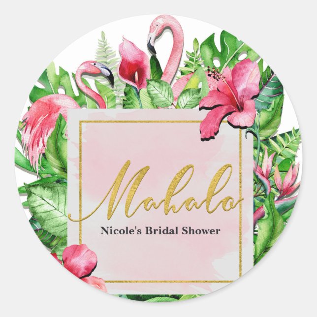 Adesivo Folhas Tropicais Flamingos Mahalo Obrigado Festa (Frente)