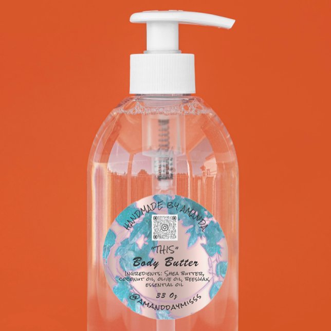 Adesivo Folhetos de embalagem do produto Manteiga corporal (Body Butter Product Packaging Leafs Water QR CODE Classic Round Sticker)