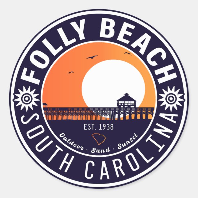 Adesivo Folly Beach SC Souvenirs Retro Sunset Pier 60s (Frente)
