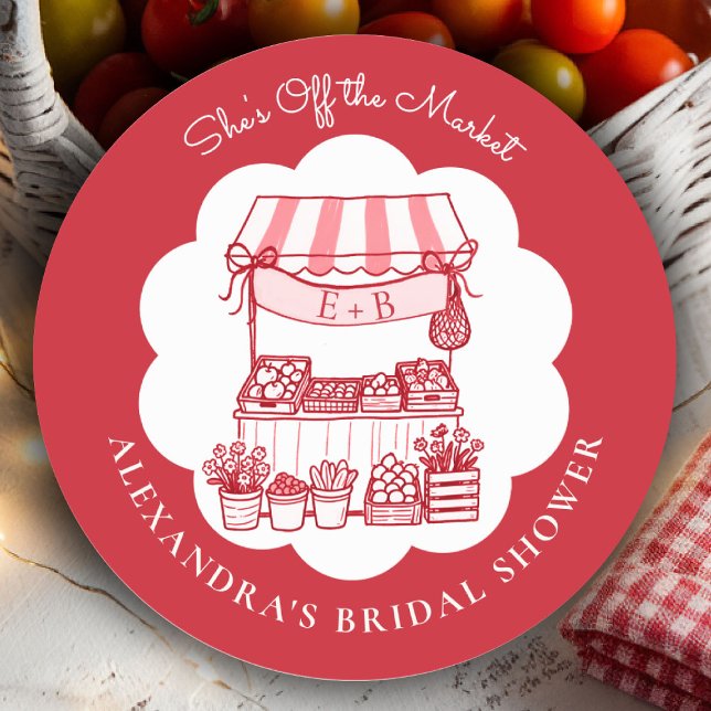 Adesivo Fora do Mercado Agricultores Vermelho Moderno Chuv (shes off the market bridal shower sticker red farmer stand hand drawn rustic chic outdoors picnic)