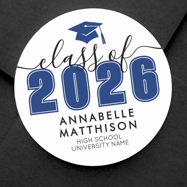 Adesivo Formatura Azul (Graduate Class Of 2026 Blue Graduation Classic Round Sticker)