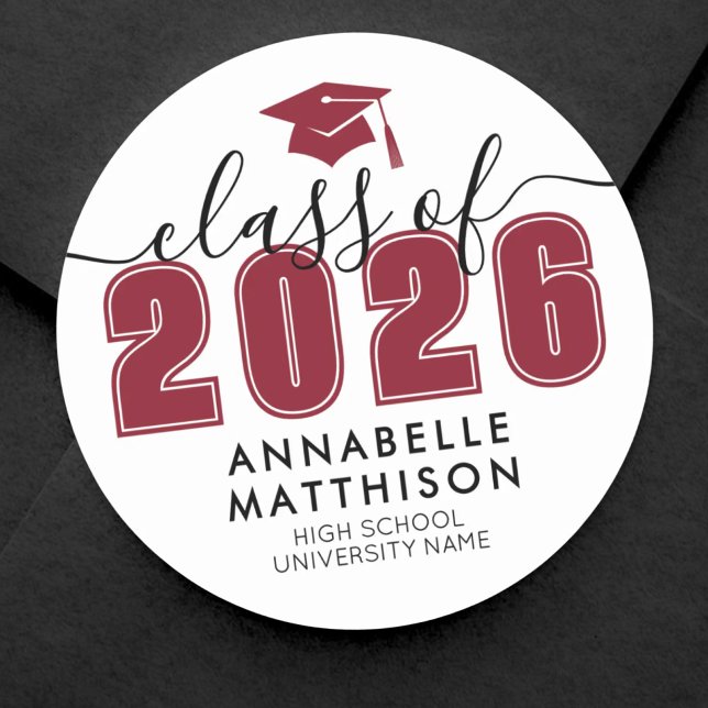 Adesivo Formatura Vermelha (Graduate Black White Graduation Classic Round Sticker)