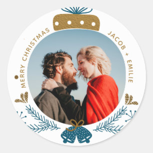 Adesivo Foto azul & do ouro   do Feliz Natal do Bauble